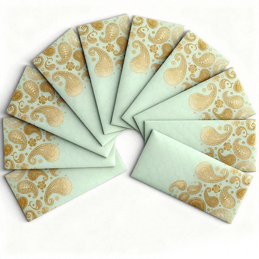 Shagun Money Envelopes 7.5" X 3.5" Green Designs Money Holder, 10Pcs Gold Foil Gift Envelope For Thanksgiving Diwali Birthday Party Wedding Anniversary - Green - View 1