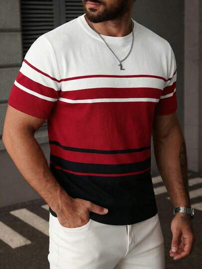  ALTZTAR Men's Round Neck Short Sleeve Contrast Color Casual Knit Top