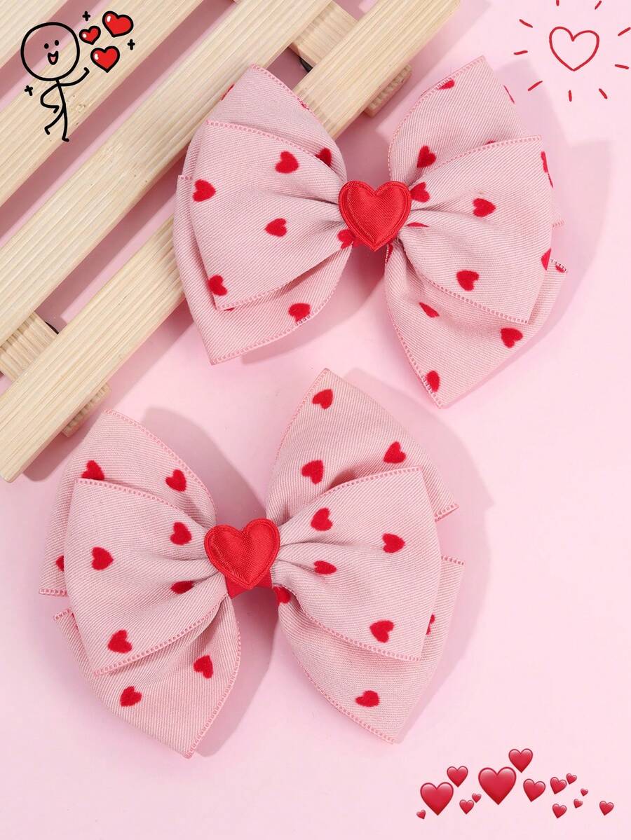 2个情人节爱心蝴蝶结发夹，粉色蝴蝶结发夹，红色爱心装饰发夹，甜美可爱爱心蝴蝶结发卡，情人节派对礼物，时尚发饰，女孩发夹 - 彩色 - 查看 1