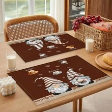 1件/4件/6件装亚麻餐垫，咖啡精灵图案，适用于餐桌，四季皆宜，现代可水洗餐垫，房间装饰，杯垫，厨房用餐，室内外聚会，家居装饰，理想礼物 - 彩色 - 查看 3
