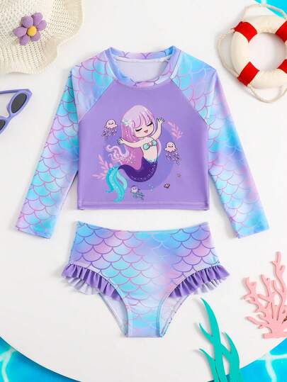 2件套时尚可爱美人鱼鳞片印花泳衣，适合年轻女孩夏季穿着，荷叶边开衩设计，弹性速干面料，舒适透气，时尚度假风，适合户外海滩、冲浪、泳池派对、海滩度假等场合。