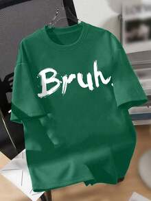 1pc Boys' Street Style "Bruh" Text Casual Short Sleeve T-Shirt, Essential For Daily Outings In Spring/Summer, Also Suitable For School Activities - Dark Green - View 1