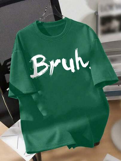 1 pieza Camiseta de manga corta casual con texto "Bruh" en estilo urbano para niños, esencial para salidas diarias en primavera/verano, también adecuada para actividades escolares