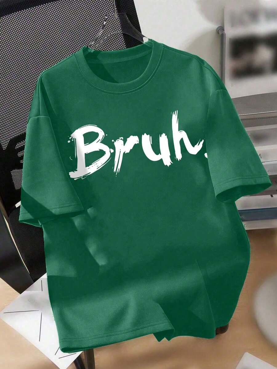 1pc Boys' Street Style "Bruh" Text Casual Short Sleeve T-Shirt, Essential For Daily Outings In Spring/Summer, Also Suitable For School Activities - Dark Green - View 1