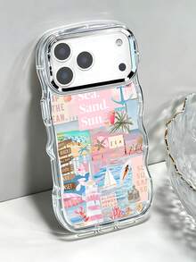 Summer Beach Collage Pattern, Fresh Vacation Style, Transparent Phone Case With Electroplated Ring, Phone Case For IPhone17 PRO MAX IPhone17 AIR /16/15/14/13/12/Pro Max/Pro/Plus, For Galaxy A54/A55/A56/A70/A71/A72/A73/A, Galaxy S26/S25/S24/S23/S22/S21. Wave-Shaped Design, Comfortable Grip, Everyday Reliable Protection. Great Gift Choice For Holidays, Perfect For Users Who Love Ocean Elements And Relaxed Vibes, Pastel Pink Tones With Sailboats, Lighthouses, And Beach Text, Creating A Romantic Island Feel And Summer Energy. - 無色 - 查看 6