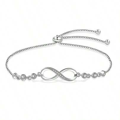 A 925 Sterling Silver Zirconia-Set Women's Bracelet With A Geometric Figure-Eight Design, Perfect For Everyday Wear, Vacations, Or As A Valentine's Day, New Year's, Or Birthday Gift For Family And Friends.