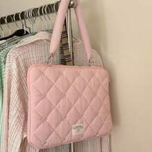 可爱菱格纹蝴蝶结笔记本电脑保护套，适用于苹果笔记本电脑，带衬垫，少女风笔记本电脑收纳包，防震防水，大容量多隔层通勤公理包，便携多功能手提设计 - 白色 - 查看 3