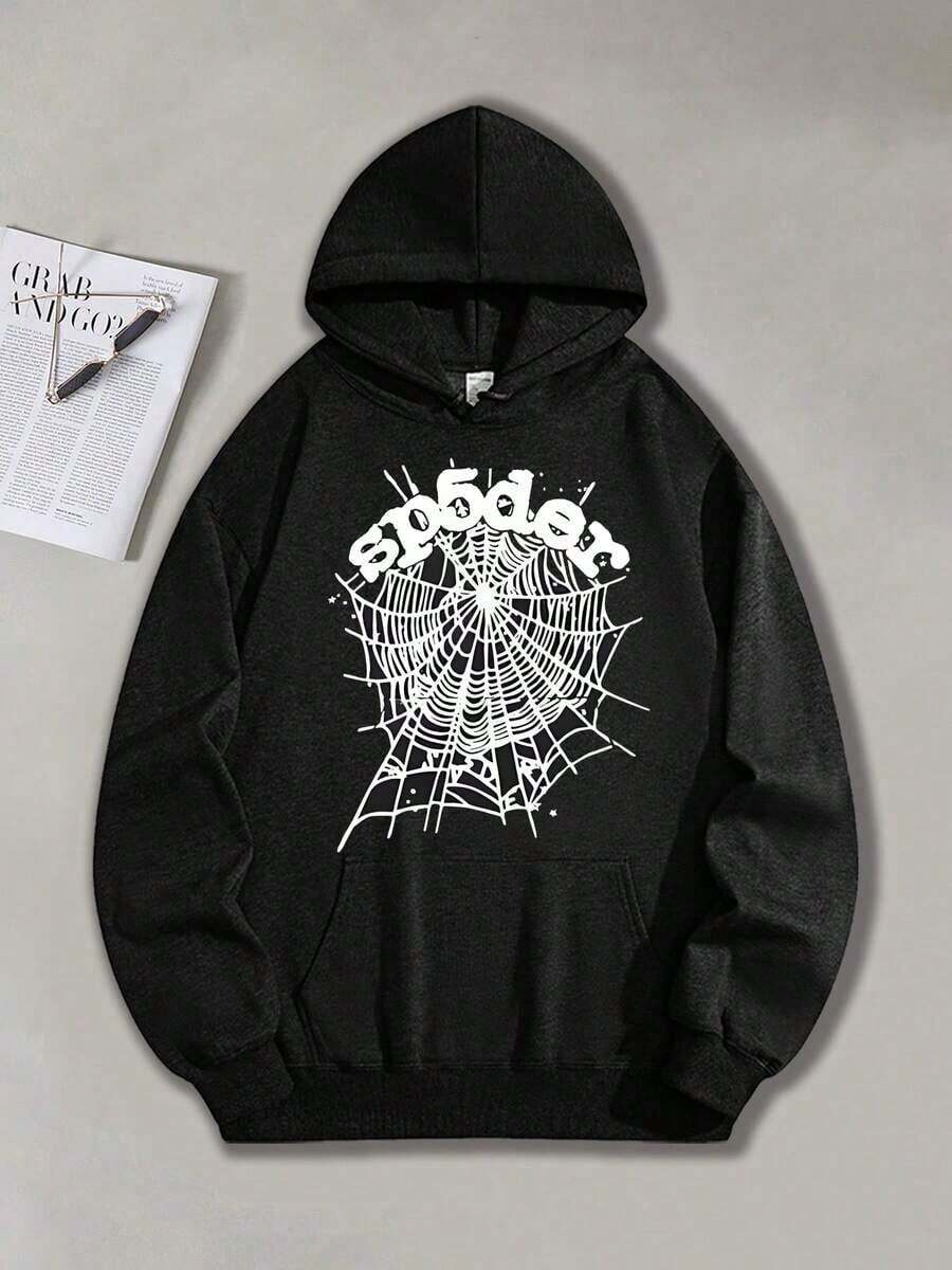 GLEC , Combining Retro And Street Style, This Classic Retro Y2K Spider Web Popular Letter Pattern 270g Fleece Sport Hoodie. This Is A Men's Autumn And Winter High-Quality Retro Fashion Brand Loose, Soft And Comfortable Black Long Sleeved Sports Hoodie, Suitable For Outdoor Wear In Autumn And Winter, With A Certain Thickness, Suitable For Daily Wear And Giving To Friends, Outdoor Activities, Back To School Gifts, Christmas Gifts. - 黑色 - 查看 1