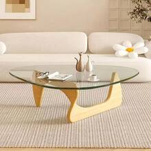 Living Room Coffee Table - A Triangular Glass Coffee Table With A Wooden Base. Abstract Dining Table, Study Room, Office, Hotel Balcony (Walnut TransparentWoodBlack Tea Table), Versatile And Comfortable - Apricot - View 4