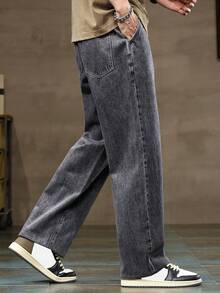 pantalones hombre vaqueros hombre ropa de hombre Pantalones vaqueros informales lavados para hombre con cordón y cintura elástica para uso diario - Gris Oscuro - Ver 7