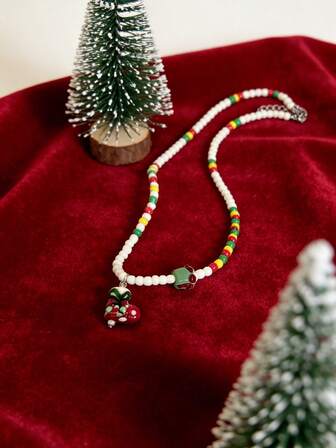 1pc Acrylic Bead Christmas Stocking Pendant Necklace, Red White Green Color Block Beaded Necklace With 3D Sock Pendant, Cute & Casual For Women And Children, Suitable For Christmas, Daily Wear, Parties, Gift (OPP Bag Packaging)