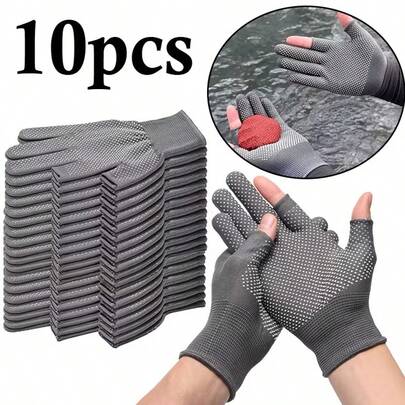 10pcs 2-Finger Fishing Gloves - Fingerless Gloves For Cycling, Hiking, Outdoor Activities, Washable, Flexible Design, Suitable As Christmas Or Birthday Gift (Black/Gray), Multipurpose Outdoor Sports Gloves, Men/Women Gift