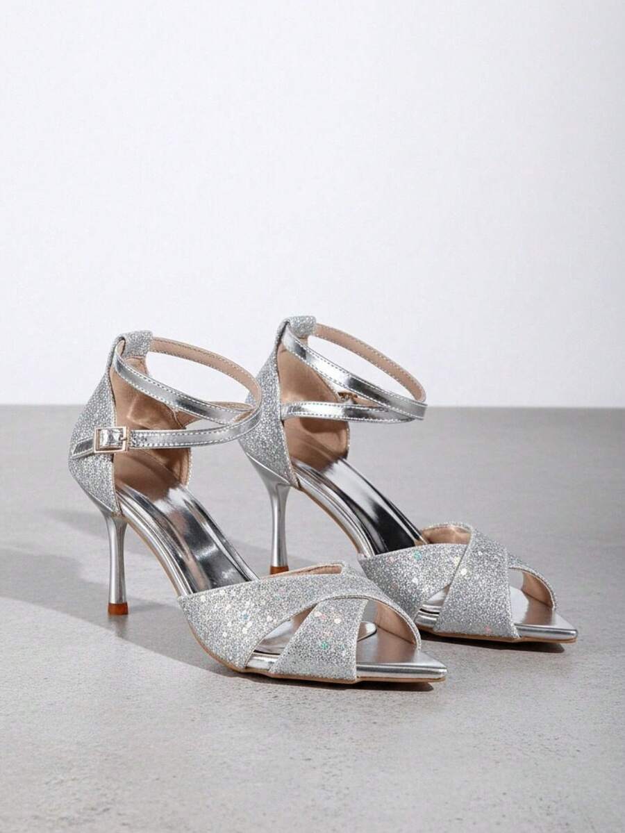 Damen neue glitzernde Kreuz-Knöchelriemen Runde Zehenspitze Stiletto High Heel Sandalen, modische Party Pumps - Silber - Übersicht 1