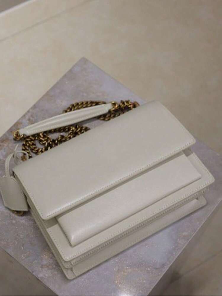 Ladies' Beige Shoulder Bag, Gold Chain Strap And Layered Flip Design, Multi Compartment Shoulder Bag, Leather Decoration, Daily Luxury - Beis - Añade 7