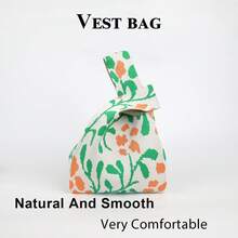 迷你轻便可折叠透气红粉针织手提包/腕包，撞色设计，适合摄影、上学、度假、购物，女性及学生适用。 - 綠色 - 查看 4