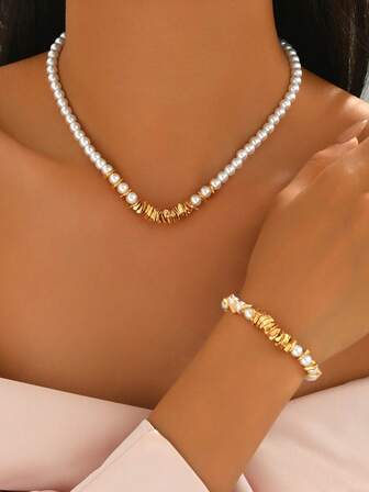 2 parçadan oluşan şık altın pullu boncuklu kolye ve bileklik takı seti, günlük kullanım, parti, toplantı, seyahat, gündelik, hediye, bayram kutlamaları için çok yönlüdür.