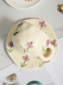 1 Set Of High-Quality Ceramic Coffee Cup & Saucer, Tulip Pattern, Suitable For Home, Restaurant, Club, Practical And Stylish Coffee Set - Multicolor - View 2