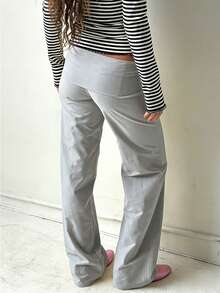 Women Wide Leg Pants Solid Color Fold Over Waist Casual Trousers Spring Fall Loose Sweatpants Bottoms - Light Grey - View 2