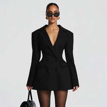 Autumn New Long Sleeve Fashion Sexy Deep V Solid Color Casual Slim Fit Blazer Long Sleeve Dress - 酒紅色 - 查看 7