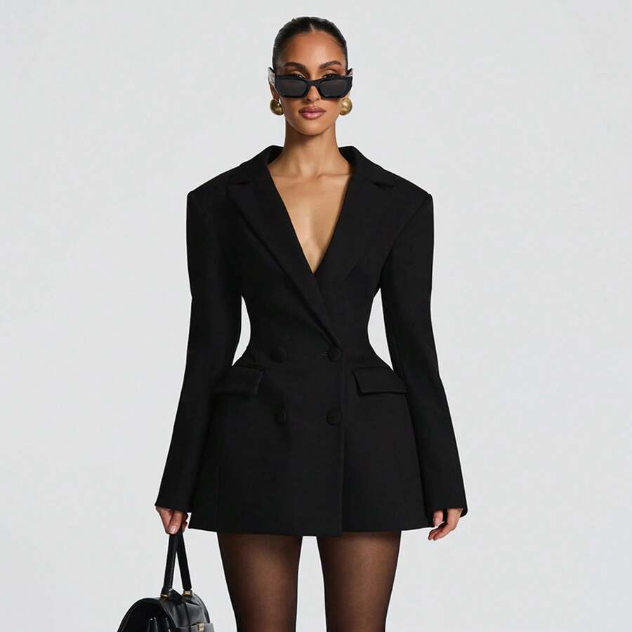 Autumn New Long Sleeve Fashion Sexy Deep V Solid Color Casual Slim Fit Blazer Long Sleeve Dress - 黑色 - 查看 1