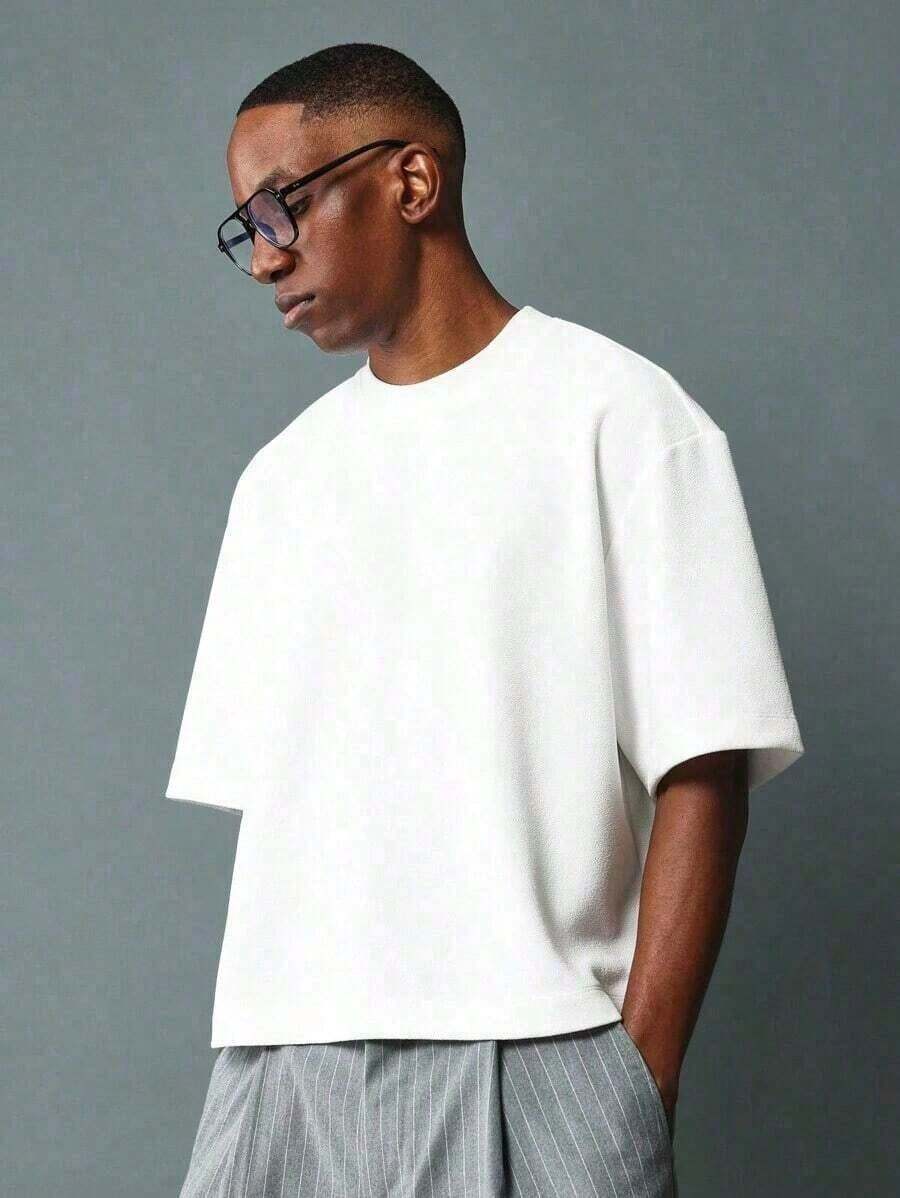 Oversized Boxy Cut Short Sleeve 100% Cotton T-Shirt, Casual Cropped Streetwear Style, Modern Minimalist Style All-Season Essential Solid Color Top - Unisex Vintage Casual Cotton T-Shirt, Comfortable Loose Fit 5TPQ - 白色 - 查看 1