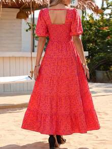 Women's Dress, Puffed-Sleeve Floral Casual Summer Dress, Pleated Back, Beach Flowing, Layered Long Sundress - 紅底豹紋 - 查看 2