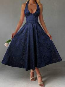 Unadoll 女士性感露背吊带连衣裙，3D提花面料，优雅款式，适合晚宴、约会、学校开学典礼、鸡尾酒会、婚礼、圣诞节、感恩节等夏季场合。 - 藏蓝色 - 查看 3