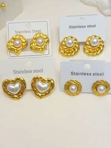 9 Pairs Vintage Luxurious Fashion Gold-Tone Pearl Earrings & Studs, Lightweight Elegant Design With Multiple Pearl Embellishments - Gold - View 12