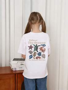 Tween Girl Casual Graphic Print Crew Neck Short Sleeve T-Shirt, Summer Top