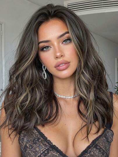 22 Inch Elegant Brown Ombre Wig, Mixed Brown And Golden Color, Middle Part Long Curly Hair, Synthetic Wig, Suitable For Women's Daily, Party, Cosplay, Holiday Travel, An Ideal Gift For Girls, Summer Graduation, Halloween And Christmas