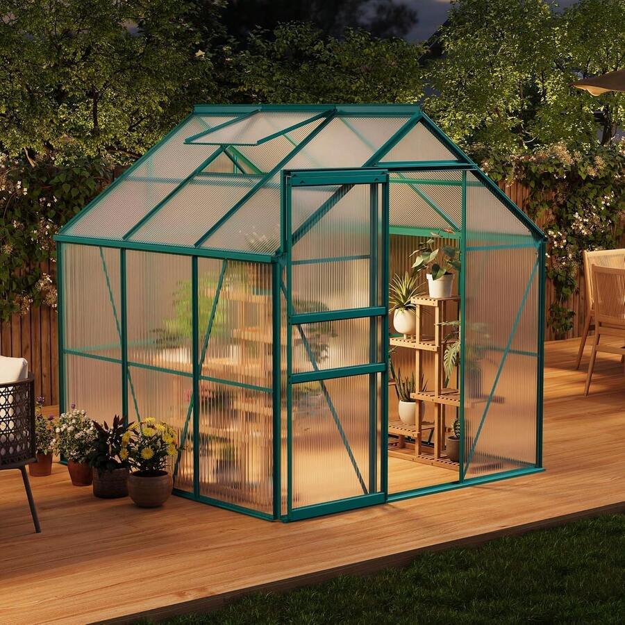 Dragonpad 6x6 Ft Heavy Duty Greenhouse With Aluminum Frame, Outdoor Polycarbonate Backyard Green House, Sliding Door, Roof Vent & Rain Gutter, Ideal For Patio, Backyard, Garden - 綠色風格 1 - 查看 1