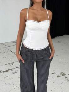 Women's Lace Trim Corset Cami Top - Sleeveless Spaghetti Strap Fitted Blouse With Scalloped Lace Detail For Spring  Summer Date - trắng - Xem 1