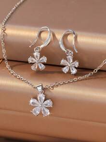 3st Elegant Zirconia Inlagd Blomsterhänge Halsband Och Örhängen Smyckesset, presentask för kvinnor Present Alla hjärtans dag - Silver - Visa 16