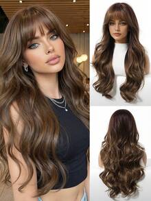 24 Inch Long Brown Curly Wig With Bangs, Big Curls, Heat Resistant Synthetic Wig, Suitable For Women For Daily, Party, Wedding And Other Occasions - 棕色 - 查看 5