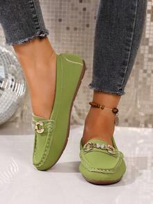 2025Women's Spring New ArrivalTrendsGold Chain Elegant Slip-On Loafers,Lightweight, Comfortable, VersatileRubber Flat Shoes - Green - View 5