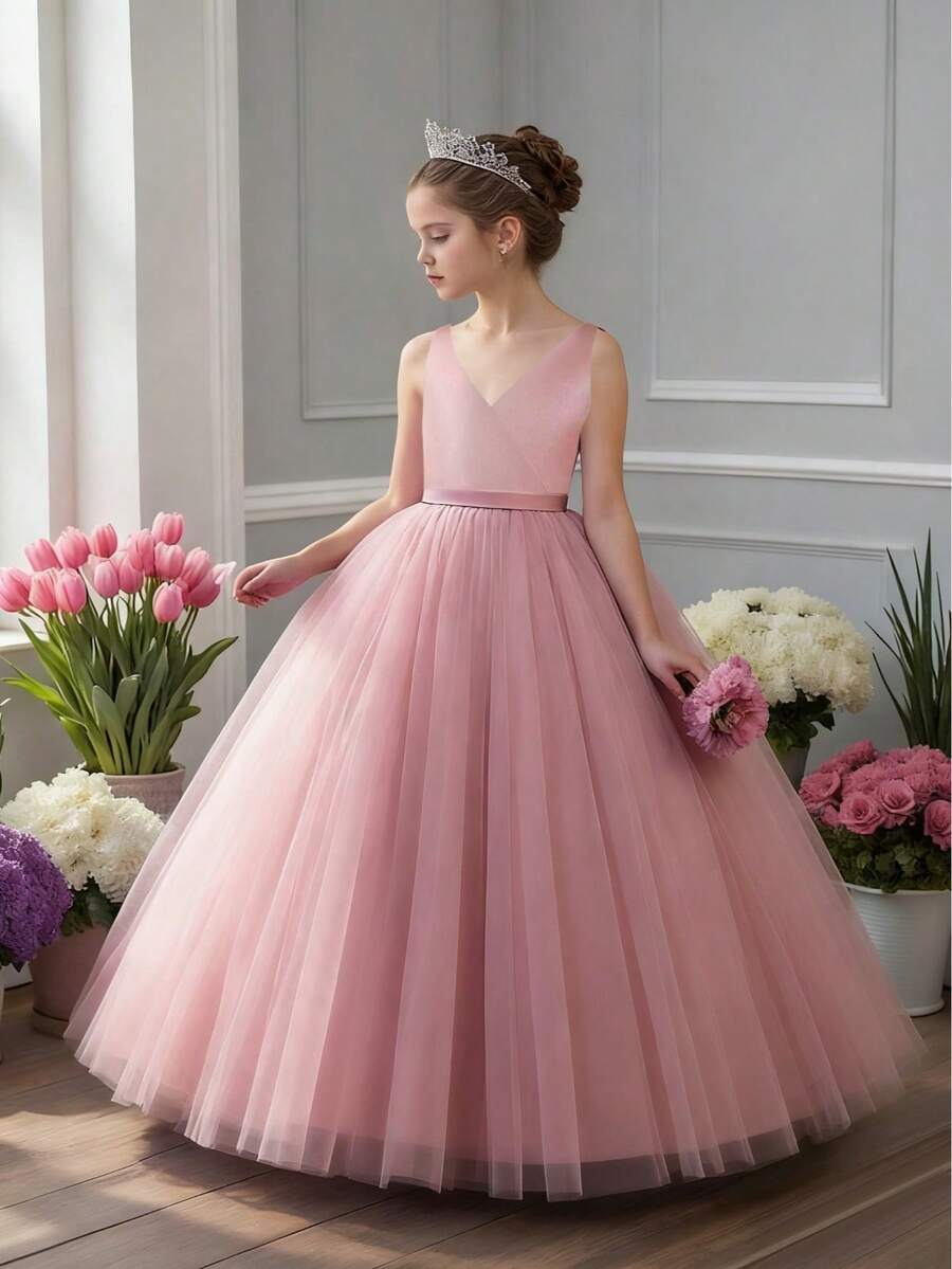 Girls Summer Mesh Hem Princess Dress, Children Wedding Party Flower Girl Dress - Dusty Pink - View 1