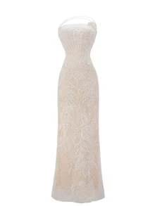 Abito da sera elegante e lussuoso in pizzo bianco con ricami, abito da sera lungo attillato a sirena con vita impreziosita da paillettes e perle sintetiche, adatto per matrimoni, cerimonie di fidanzamento, carnevali, gala di lusso, festival musicali, eventi sul red carpet e feste di primavera - Bianco - Visualizzare 4
