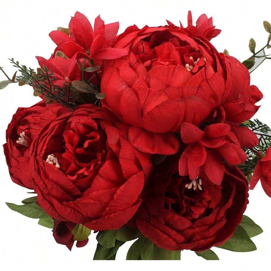 Duovlo Springs Flowers Artificial Silk Peony Bouquets Wedding Home Decoration,Pack Of 1 (Spring Red),20.87*3.5,SpringRed - 春紅 - 查看 1