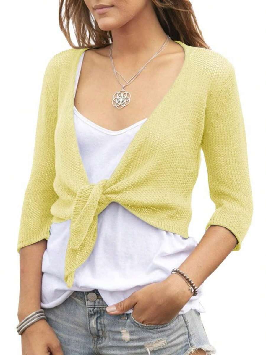Women Tie Front Shrug 3/4 Sleeve Sheer Bolero Knotted Lightweight Cardigan For Women Tops Women Fall Outfits - 淡黃色 - 查看 1