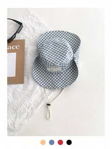 1 pieza Sombrero de cubo ajustable con bordado a cuadros casual, sombrero de sol de ala ancha con decoración de lazo de encaje a cuadros para mujer, estampado de cuadros vintage de color contrastante con cordón, ala ancha bohemia para vacaciones, protección solar de primavera/verano, aspecto monocromático brillante, sombrero de viaje con protección UV - Etiqueta de tela a cuadros con lazo - Ver 11