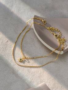 Nooxian 2pcs/Set Elegant Simple Gold-Tone Micro-Inlaid Blue Zirconia Sun Copper Pendant Anklet, Layered Wear For Women