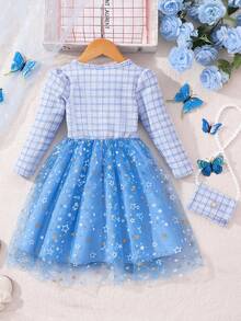 女童长袖格子撞色网纱优雅连衣裙，配包包 - 藍色 - 查看 2