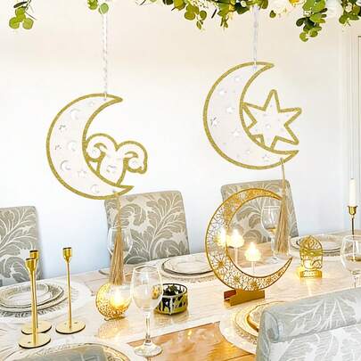 2pcs Wooden Sheep Head & Star Hanging Decor, Suitable For Ramadan, Eid Al-Fitr Party, Festival Celebration, Ramadan Kareem, Ramadan Mubarak, Eid Mubarak Themed Party Decoration
