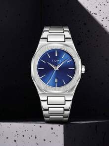 TOMI Men's Quartz Watch Set With Logo Pin & Ring, Fashionable Minimalist Square Dial With Rhinestones, Suitable For Daily Life, Business Events, Father's Day, Valentine's Day, Christmas, Gift - Silver - View 3