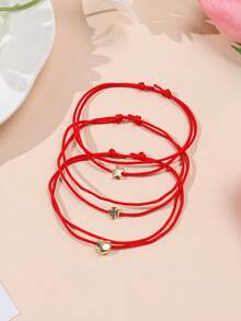 1pc Minimalist Fashion Heart, Clover, Star Pendant Dual-Layer Bracelet, Suitable For Couples, Friends, Holidays, Everyday Wear - Red - View 5