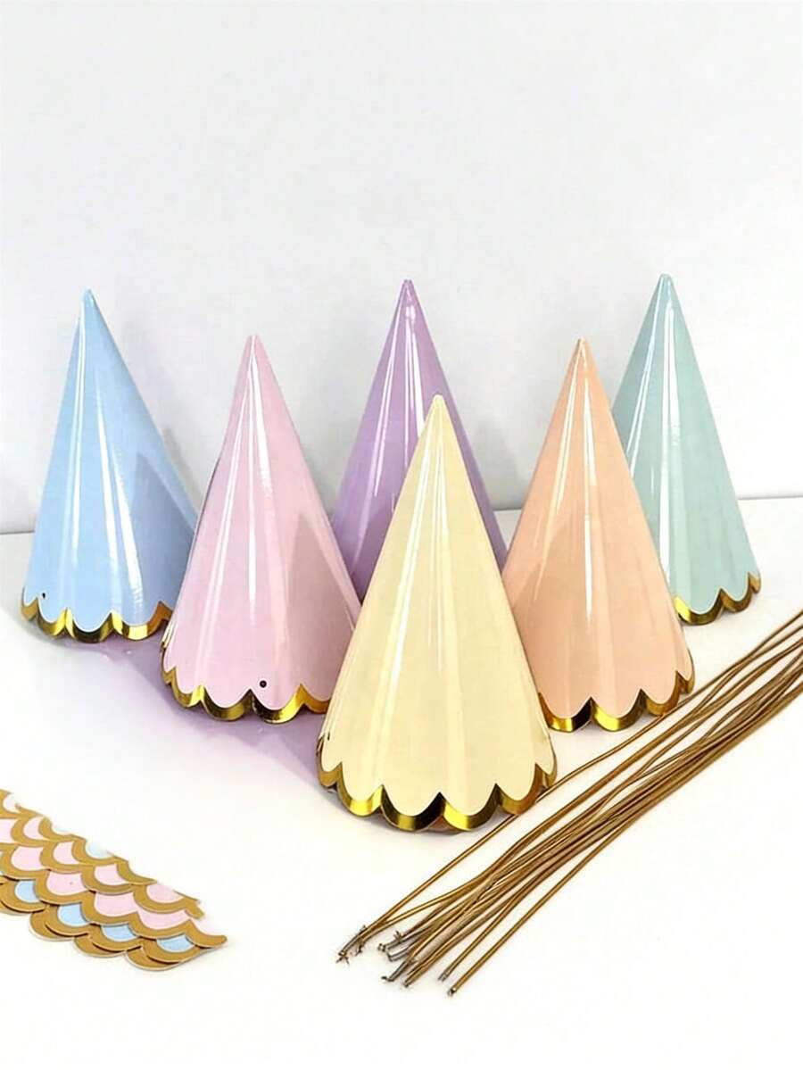 马卡龙造型生日纸帽，带箔边装饰，纸锥生日帽，适合性别揭晓派对、生日派对、迎婴派对及其他场合 - 彩色 - 查看 1