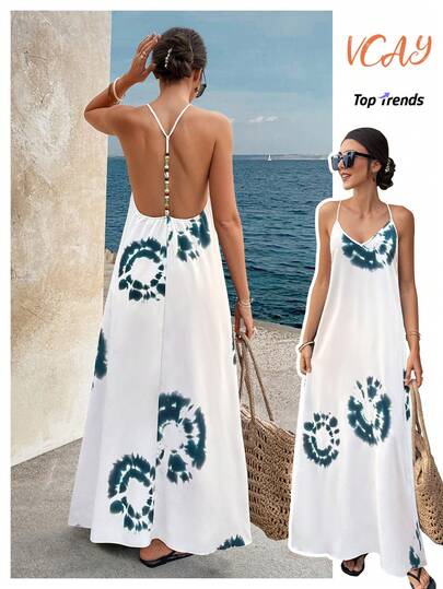 Doriss Summer Style Halter-Neck Backless Beaded Printed Maxi Cami Dress, Valentine's Day Outfit, Elegant Ladies, Beach Outfit, Thanksgiving Outfit, Graduation, Concert Outfit Women, Brunch Outfits For Women