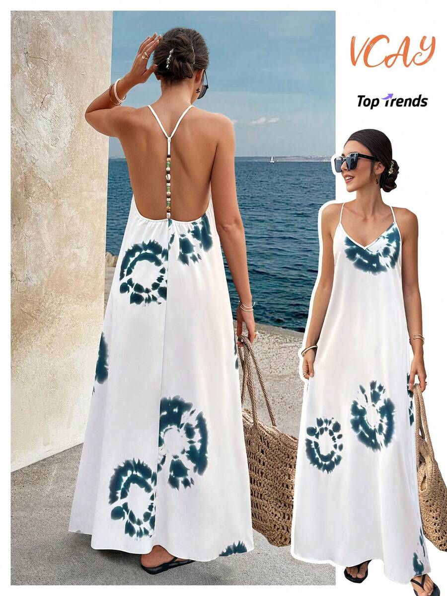Đầm Doriss Summer dây mảnh hở lưng đính ngọc trai in họa tiết, trang phục thanh lịch dành cho phái nữ, thích hợp cho Ngày Valentine, đi biển, Lễ Tạ ơn, Lễ tốt nghiệp, buổi hòa nhạc, tiệc brunch. - Nhiều màu - Xem 1