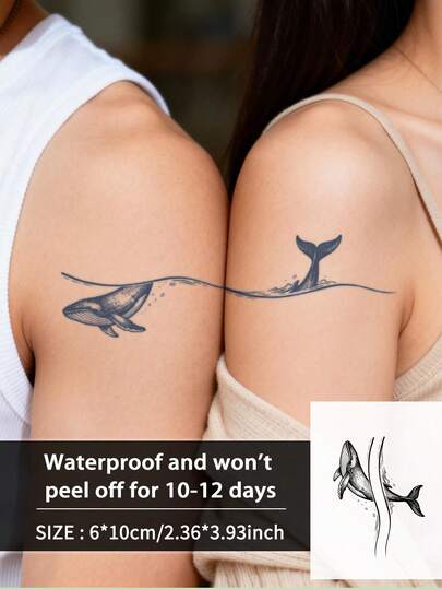 1Pc Tattoo Valentine Day Temporary Tattoos Whale Simple Line Couple Minimalist Y2K Semi Permanent Tattoo Fake Waterproof Sweatproof Last For 1-2 Weeks Realistic Herbal Juice Anti-Friction Non-Reflective Black For Woman And Men Tattoo Stickers For Arm, Chest, Leg, Abdomen, Waist, Finger, Neck, Spine, Modernist Body Art