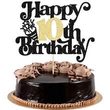 1 Stück Glitzer Happy Birthday Tortenaufsatz, Jubiläumskuchendeko für 10./12. Jahrestag, Hochzeitsparty, Cupcake Dekorationen Schwarz Gold - Verschiedenfarbig - Übersicht 1